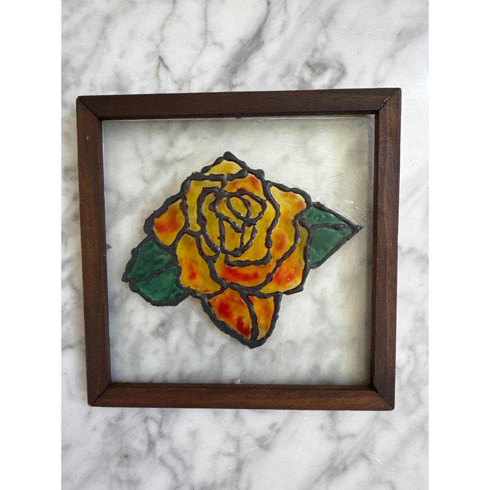 Vintage Handmade Framed Faux Stained Glass Yellow Rose Suncatcher 7.5x7.5